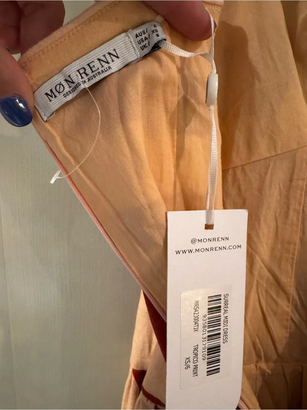 Mon Renn Surreal midi dress NWT distinctive Tropico print in rust and sand color - Picture 7 of 10
